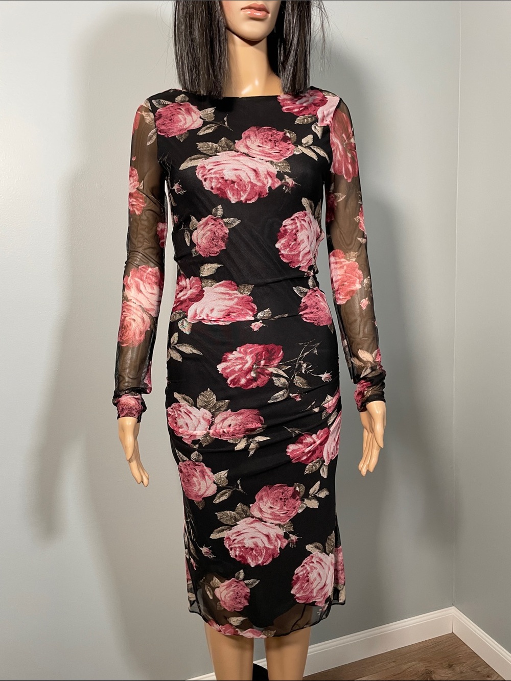 Fashion Nova Black Mesh Long-Sleeve Dress with Pink Rose Print